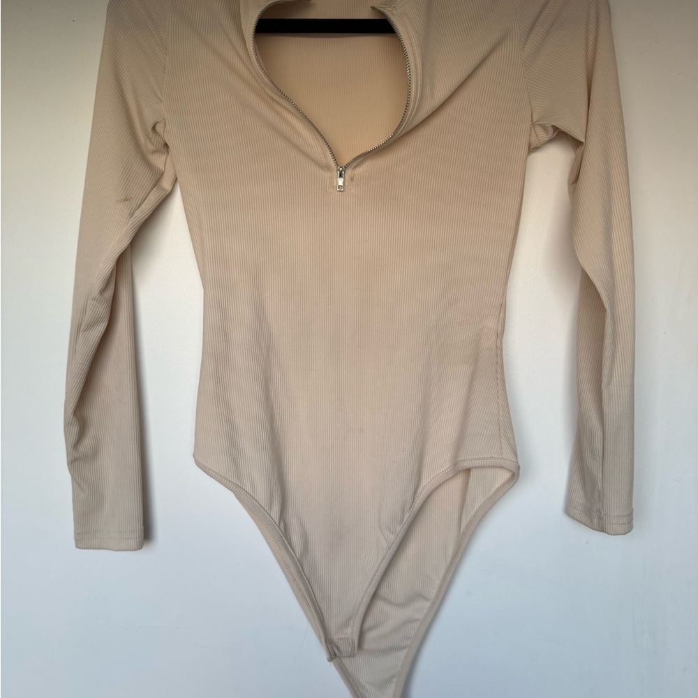 Beige Long Sleeve Zip Bodysuit